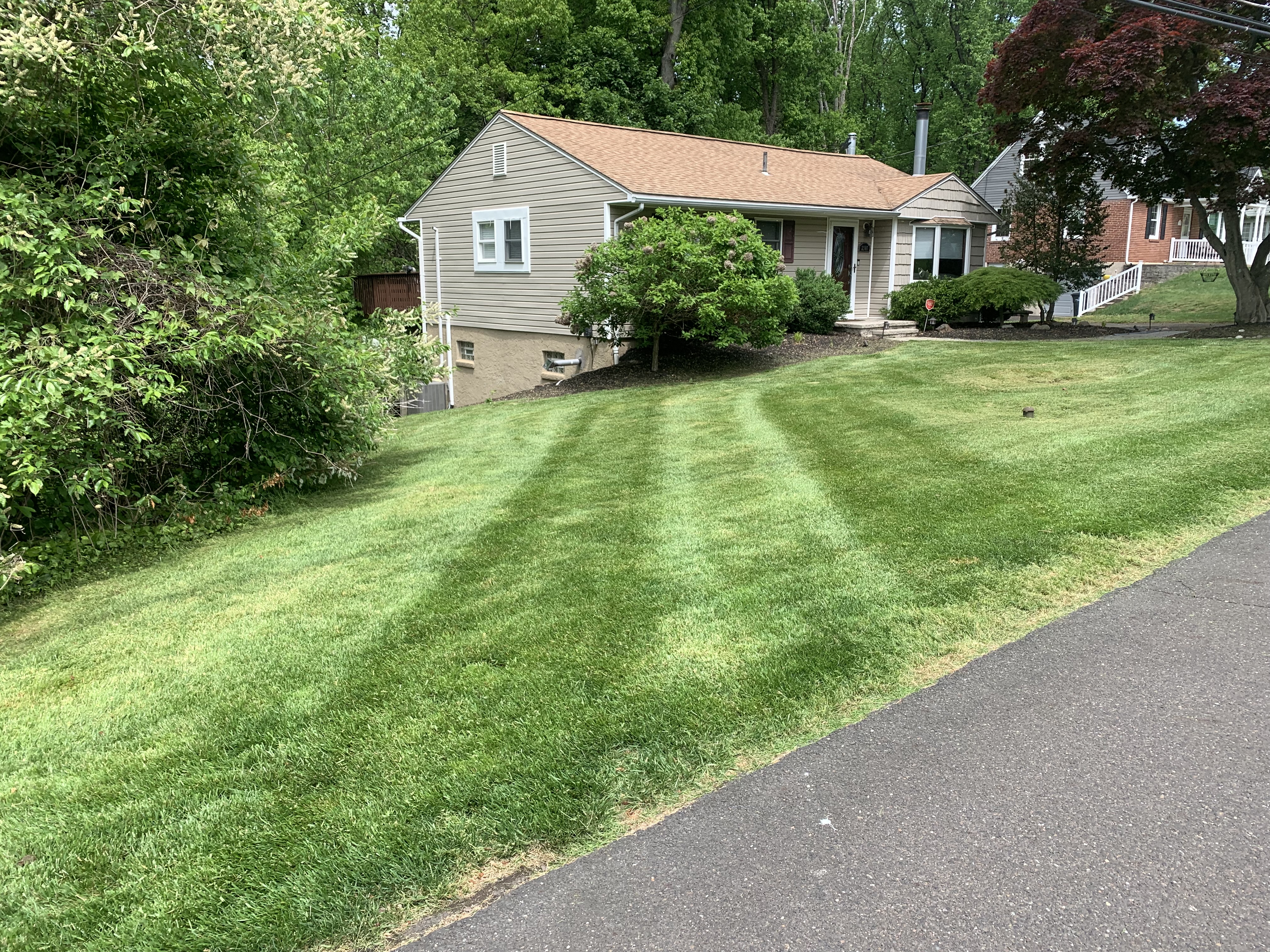Wide striped lawn with full property landscaping