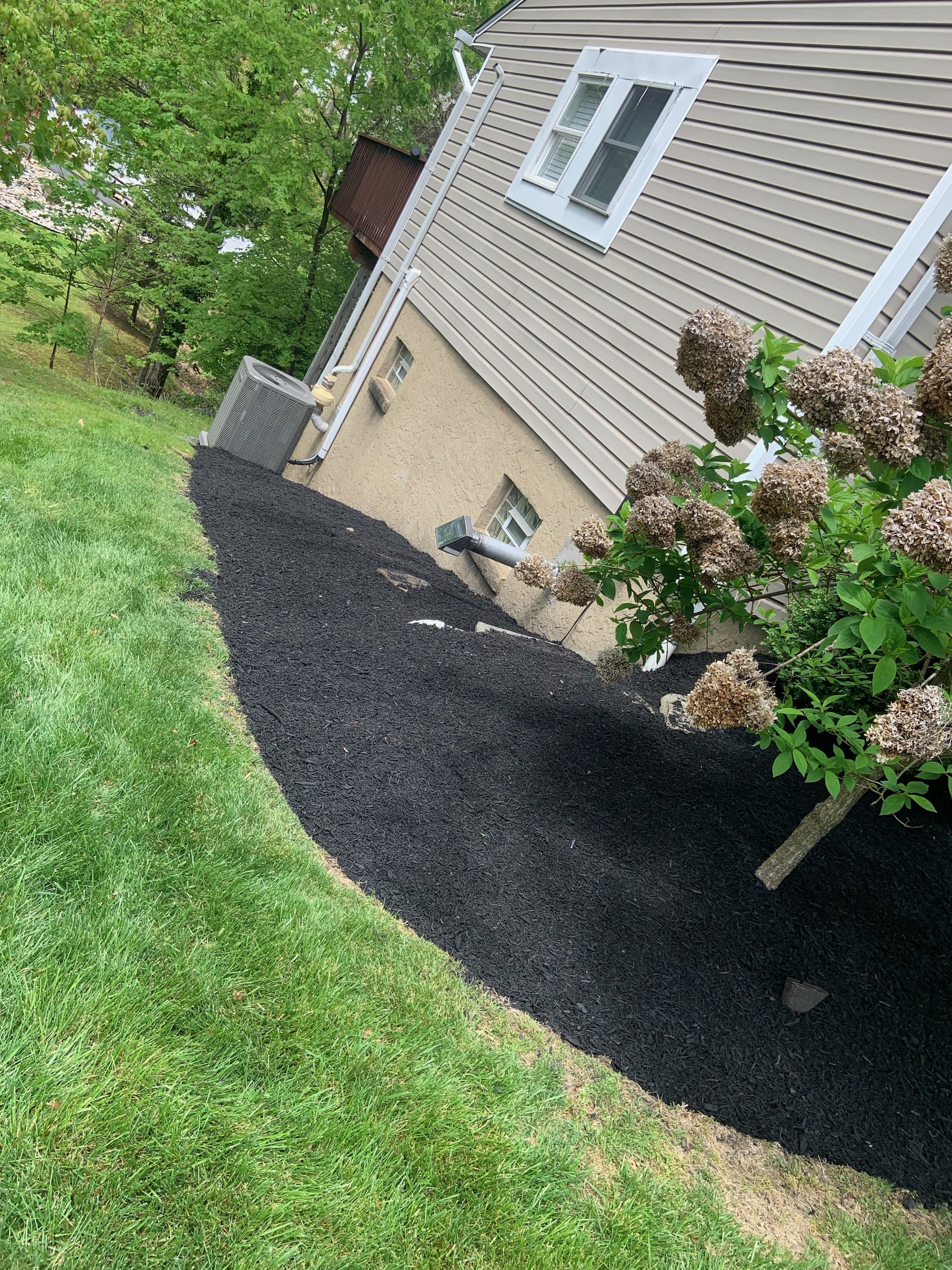 Side yard mulch bed wrapping around house