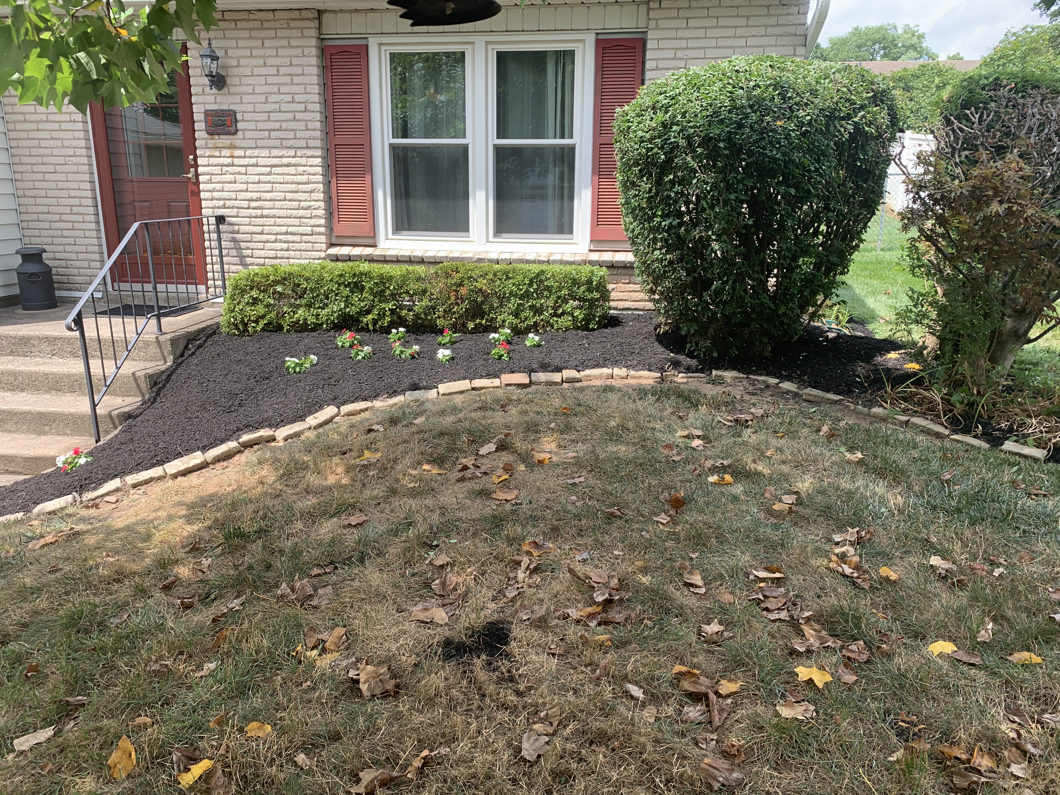 Foundation bed with fresh mulch, stone border, and new flowers