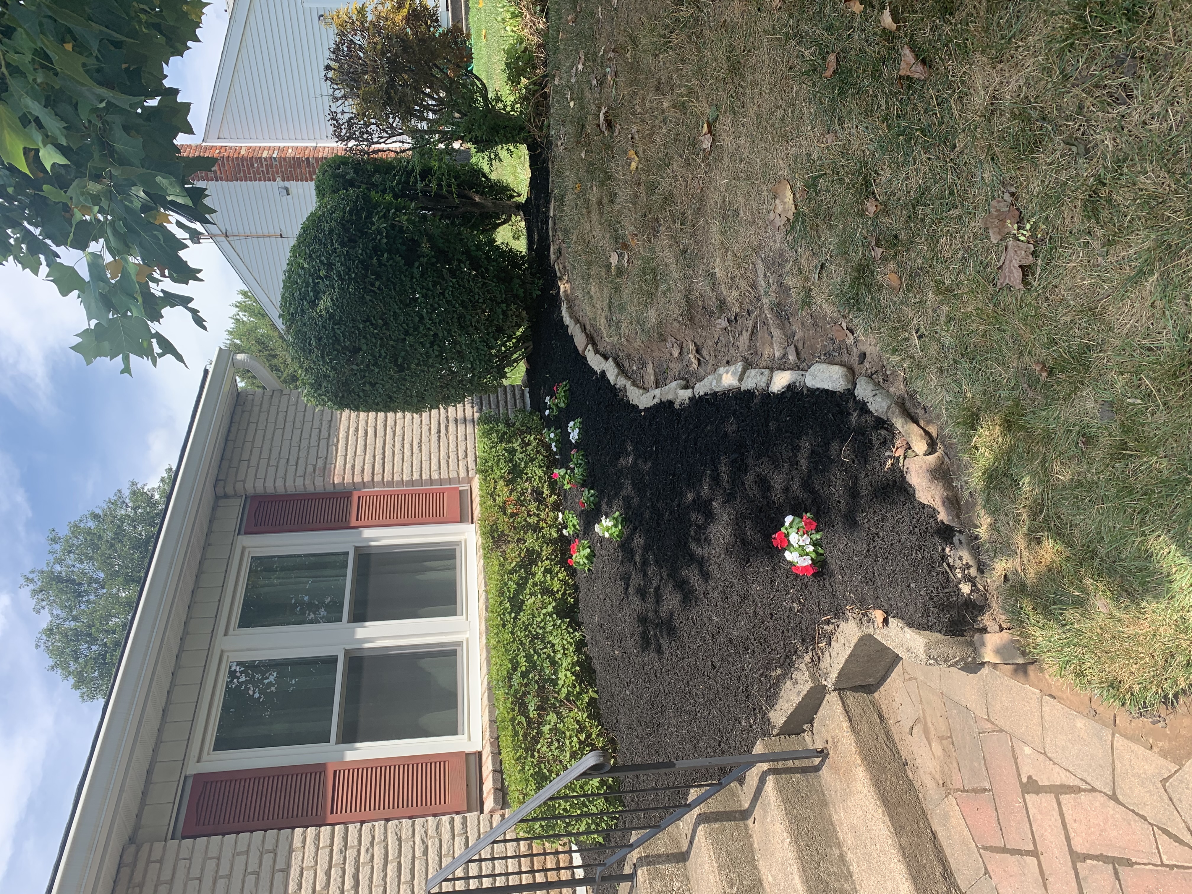 Side view of front bed with flowers and trimmed shrub